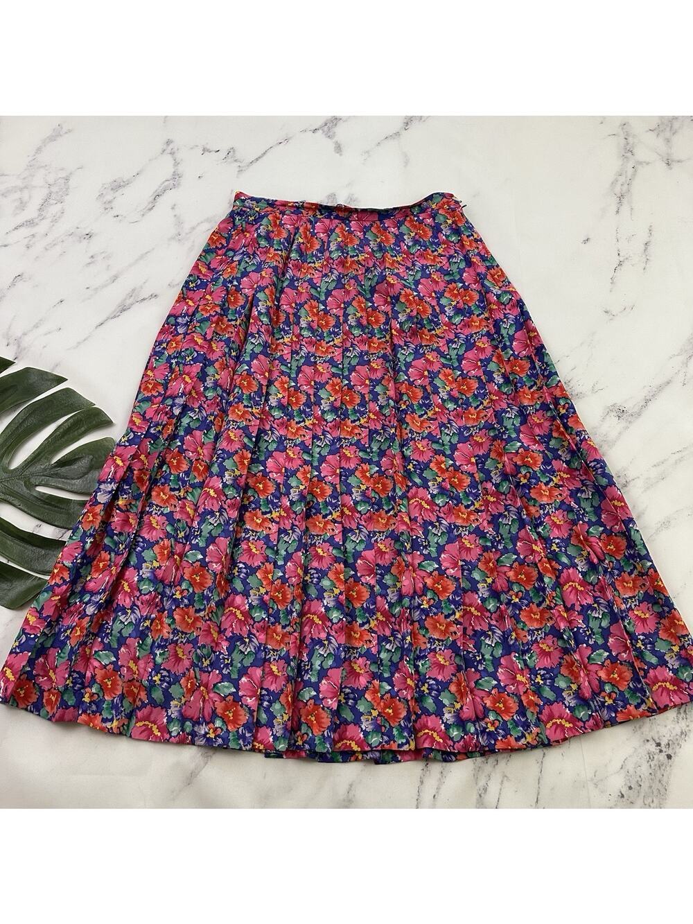 Nordstrom Womens Vintage 90s Silk Pleated Skirt Size 12 Pink Purple Floral Midi